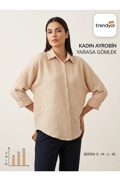 aryam butik Kadın Ayrobin Kumaş Rahat Kesim Düğmeli Yarasa Kol Tunik Gömlek