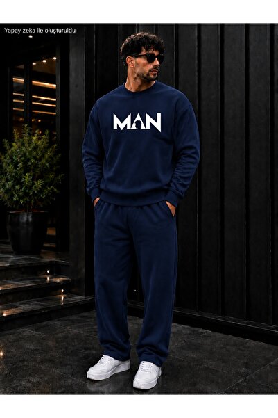 caddekombin Men's Man Typography Printed Crew Neck Regular Fit Men's Tracksui...