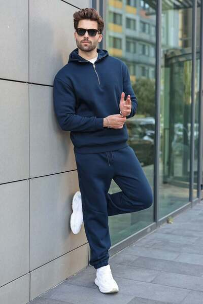 Madmext Navy Blue Hooded Zipper Detailed Men's Tracksuit Set E7367