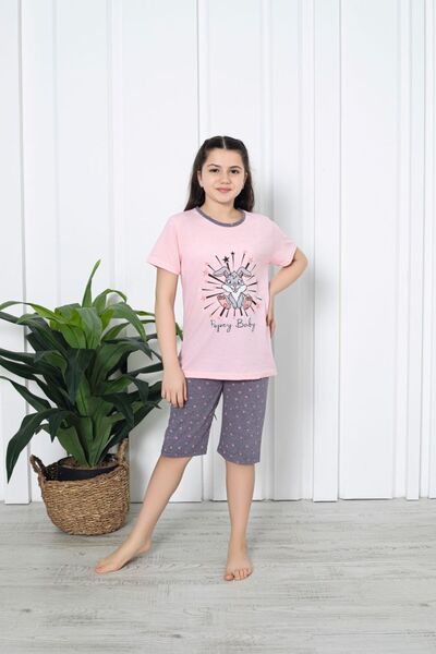 Serena Pijama fetițe cu mânecă scurtă și pantalon 3/4, imprimeu Baby, roz