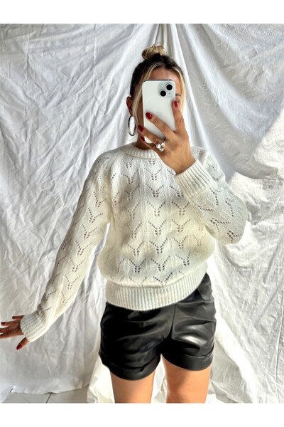 Gözde Tasarım Butik Women's Ecru White Color Cycling Collar Openwork Knitwear...