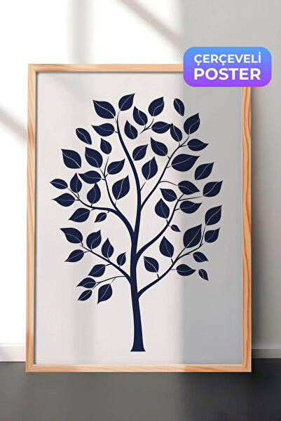 Zestia Pictură murală minimalistă cu ramă din lemn, copac cu frunze bleumarin...