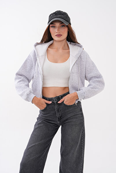 Mega Life Short Kangaroo Pocket Zippered Three-Yarn Sweatshirt