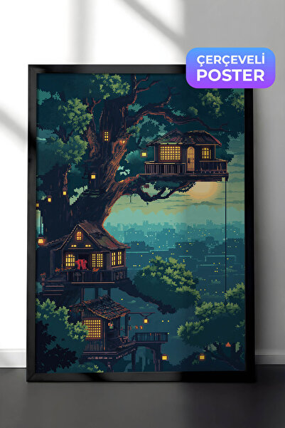 Zestia Pictură de perete Pixel Art în cadru negru, Peisaj cu casă în copac, C...