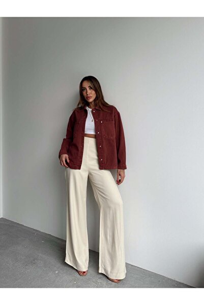 Mivida Kadın Bordo Gabardin Kumaş Oversize Gömlek Ceket Cep Detaylı