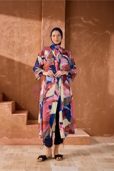 Starinci Mayo Single Kaftan Pareo with Cubist Pattern on the Tesettur Swimsuit