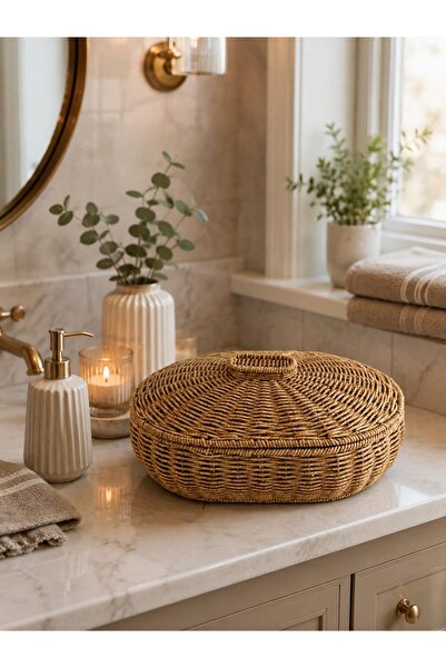 Qerhome Kapaklı Oval Bambu Masaüstü Organizer - Banyo ve Ev Düzenleyici Hasır Kutusu COS-9217