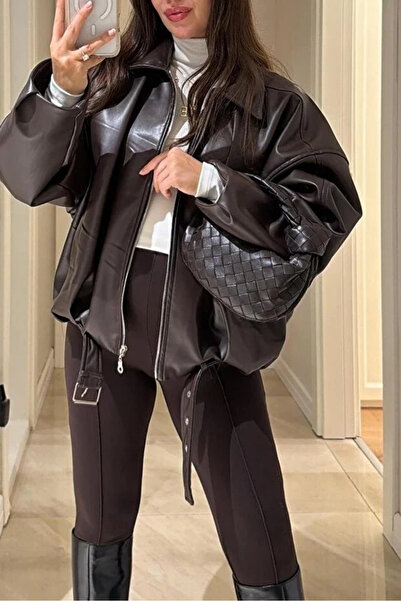 Eka Women's Bitter Brown Trend Oversize Bomber Belted Leather Jacket 2788