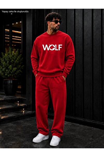 caddekombin Men's Wolf Wolf Silhouette Printed Crew Neck Regular Fit Men's Tr...