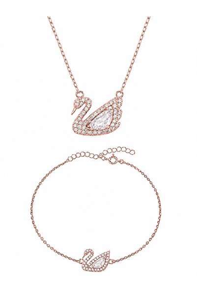 Pietra Pembe Zirkon Taşlı Kuğu set | 925 Ayar Gümüş set - Gümüş Kuğu Kadın se...