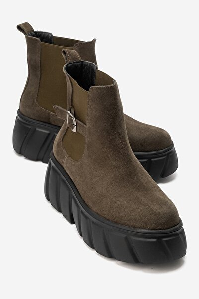 Zeynep Sıradağlı Harmonel Women's Genuine Leather Boots Khaki Suede