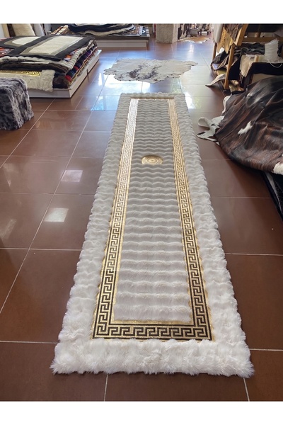 Deri Halı Dünyası Beyaz Renkli Gold Varaklı Peluş Antre Yolluk Halısı