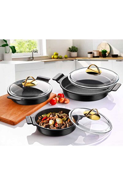 LAVONNI Everest 6 Piece Cast Iron Pan Set Black |   18-20-22 cm Non-Stick Gra...