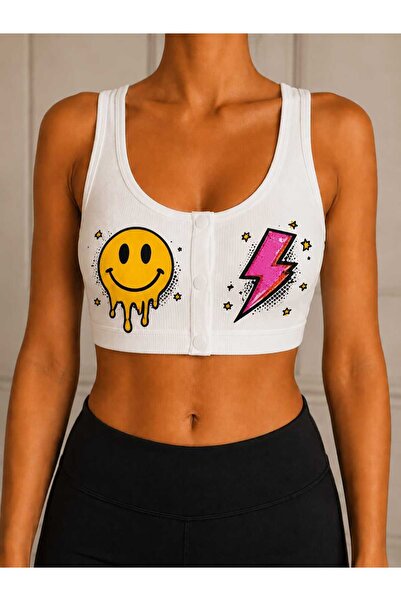 Novera Ribbed Emoji Patterned Sports Bra with Removable Snap-On Pads