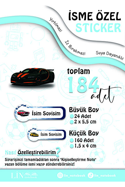 lin notebook İsme Özel Kalem Defter Okul Etiketi, Sudan Etkilenmez, Araba, Ya...