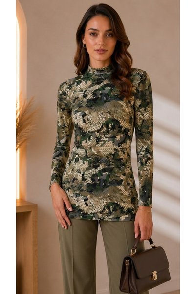MELA ROSSA Women's Khaki Snake Patterned High Collar Long Sleeve Viscose Elastane Trendy Blouse