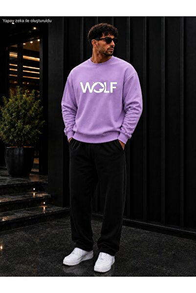 caddekombin Men's Wolf Wolf Silhouette Printed Crew Neck Regular Fit Men's Tr...