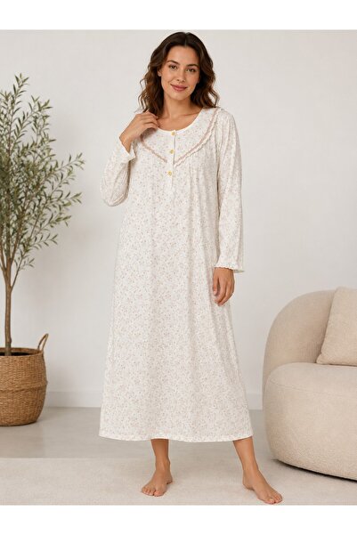 Alize Moda Long Sleeve 100% Cotton Button Collar Floral Patterned Women's Nig...