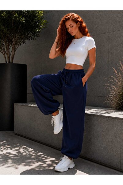 Pupa Women's 3 Thread Oversize Loose Fit Sweatpants - Elastic Waist Lace-Up Loose Jogger
