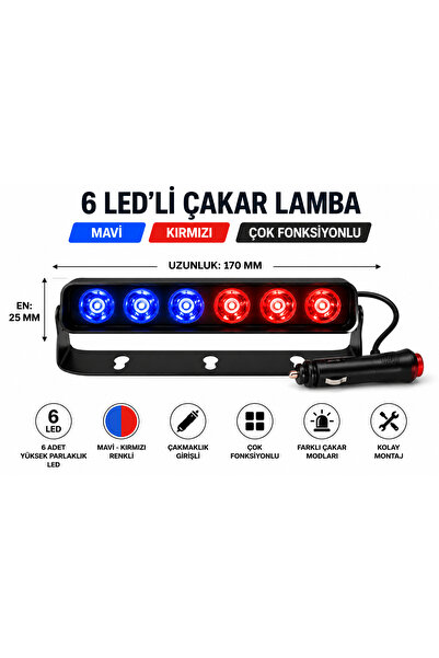 EP GARAJ OTOMOTİV UNİVERSAL 6 LED'li Çakar Lamba Mavi Kırmızı ÇAKMAKLIK GİRİŞ...