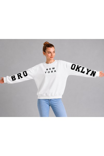 ESADE Women's White Crew Neck Brooklyn Sleeve Printed 3-Printed Wool Inside Sweatshirt