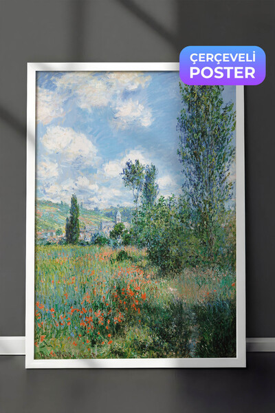 Zestia White Framed Impressionist Wall Painting, Village Landscape with Wildf...