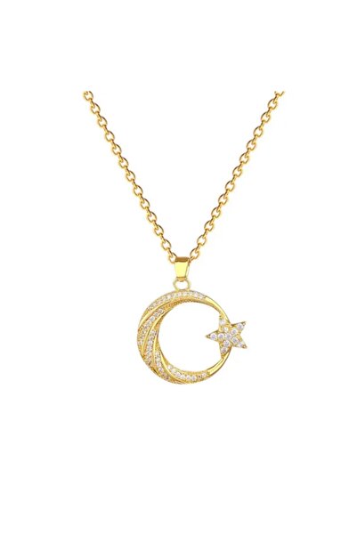 Umrece Moon and Star 2-Piece Couple Necklace Gift for Lovers Stainless Steel (Gold-Silver)