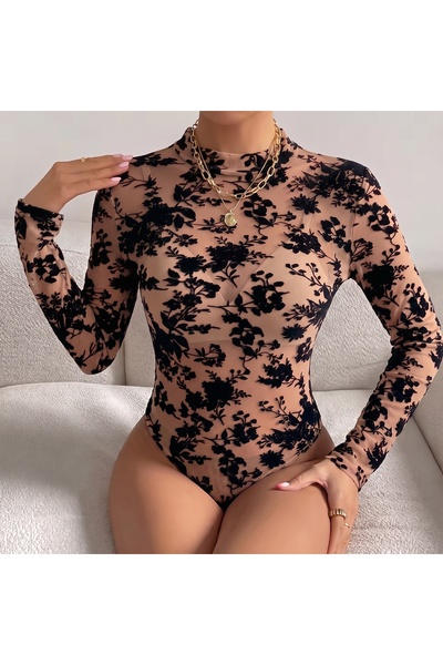 my cherie Skin Color Tulle Flock Print Snap Fastener Bodysuit