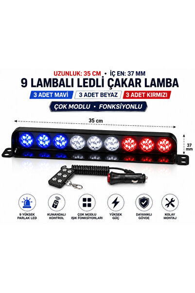 EP GARAJ OTOMOTİV UNİVERSAL 9 Lambalı LED'li ÇAKMAK GİRİŞLİ Çakar Lamba 35 CM...