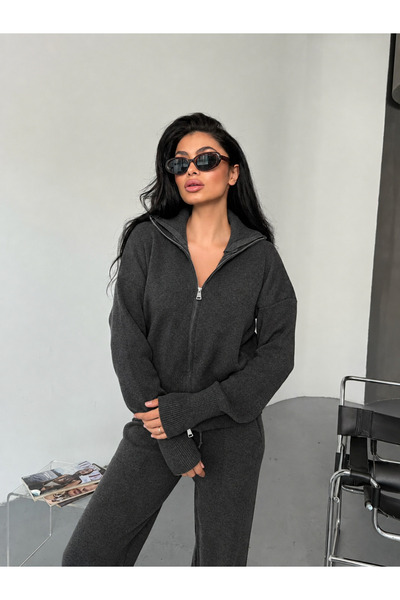 LB Laluna Butik Women's Zippered Cardigan and Pants Knitwear Set