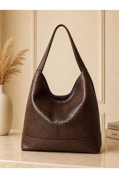 Katusa Women's Brown Faux Leather Basket Patterned Shoulder Bag