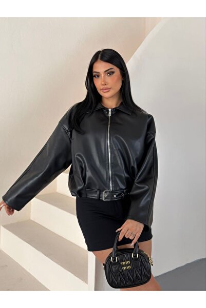 mylunessa New Season Oversize Black Belted Leather Bomber Jacket – Trendy & S...