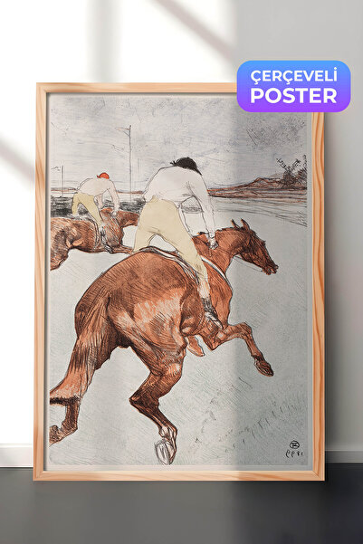 Zestia Pictură de perete vintage cu ramă din lemn, Cai de curse și jockey, Nr...