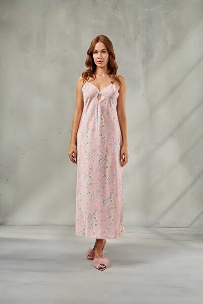DAWN LİNE Women's Chain Motif V-Neck Satin Long Dress & Window Detail Thin St...
