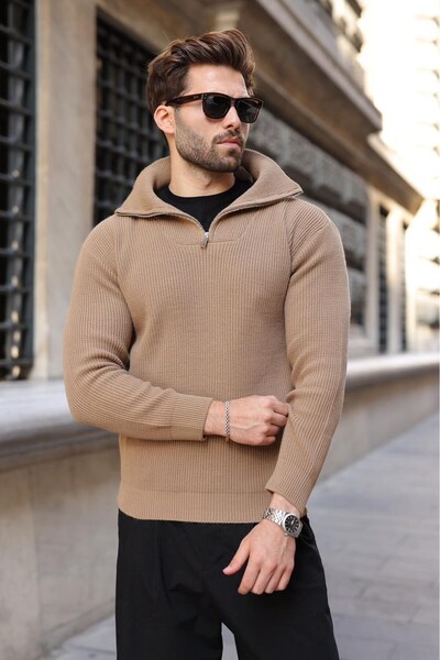 Madmext Mink Half Zipper Turtleneck Men's Knitwear Sweater E7513