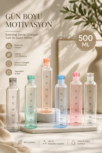 House Bird Sızdırmaz Zaman Çizelgeli Cam Su Şişesi 500 ml Motivasyonel Matara...