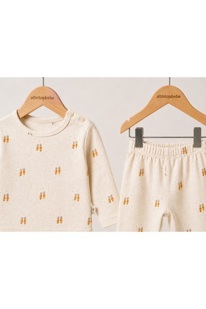 altıntop bebe Ecru Carrot Patterned Double Baby Home Wear and Pajama Set 100% Cotton Unisex
