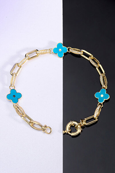 innuendo jewelery 925 Ayar Gümüş Turkuaz Yonca Mineli Ataç Zincirli Taşlı Bil...