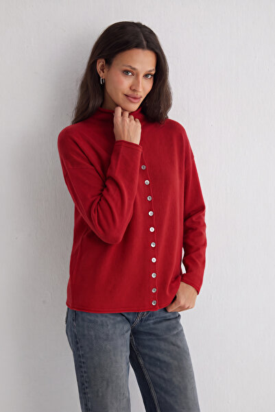 Silk and Cashmere Kırmızı Agata Saf Kaşmir Yüksek Yaka Hırka