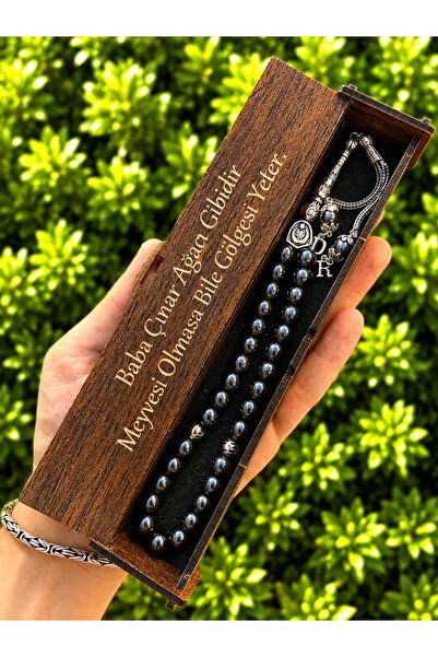 KANUNİ TESBİH Hematite Stone Prayer Beads with Letter Detail and Wooden Box