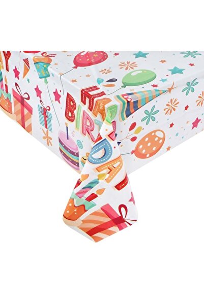 CATIANO Fata de Masa de Petrecere din Plastic Alb cu Model Baloane & "Happy B...