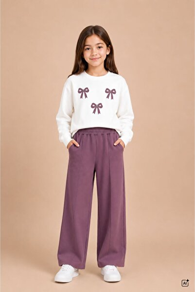 Cansın Mini Dusty Rose Girls' Bow Patterned Sweatshirt Wide Leg Tracksuit Set...