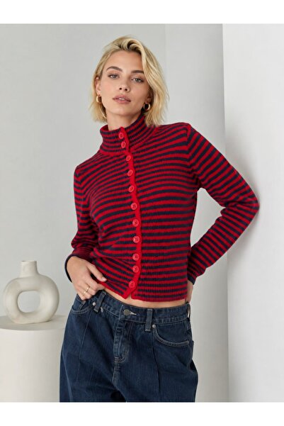 Noi Belis Dik Yaka Düğmeli Çizgili Slim Fit Uzun Kollu Yumuşak Dokulu Triko H...