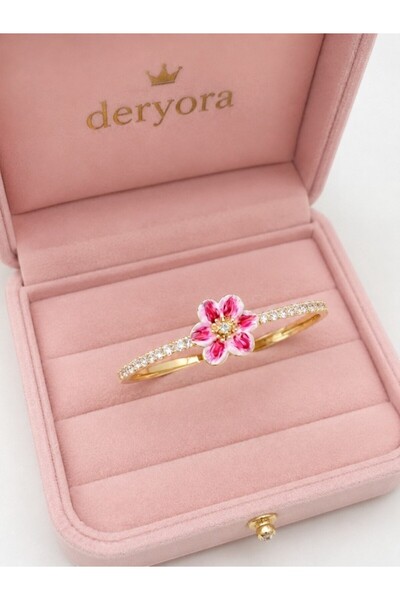 deryora Elegant Women's Bracelet with Pink Flower Detail Gold Color Stylish a...