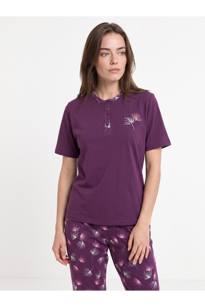 PİJAMANGEL Women's Short Sleeved ½100 Cotton Pajama Set Purple