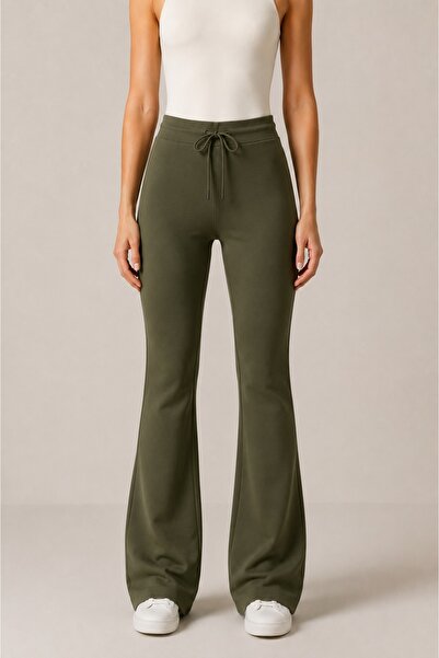 Grenj Fashion Khaki Flare Steel Interlock Lace-Up High Waist Trousers