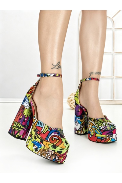 CHERİE Pantofi cu toc gros si platforma rosii cu galben din material textil I...