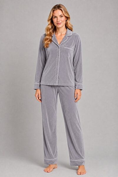 Pijamask Kadın Kadife Düğmeli Uzun Kollu Pantolonlu Pijama Takımı