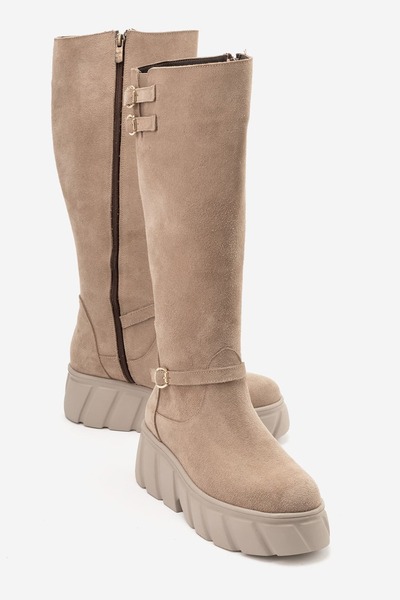 Zeynep Sıradağlı Hanivell Women's Genuine Leather Thick Soled Boots Mink Suede