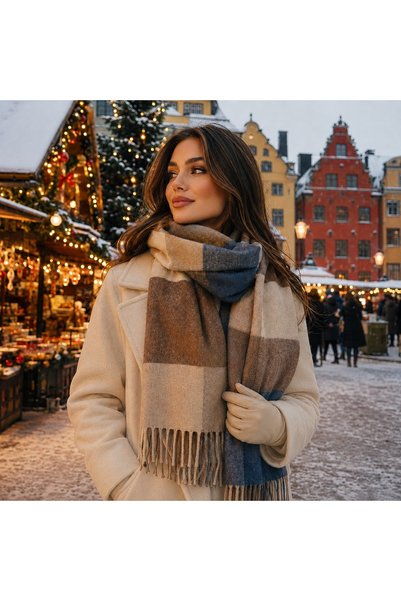 Aquasis Stockholm |   Women's Winter Shawl Scarf 50X190 cm |   Oversize Plaid Patterned Thick Soft Tassel Shoulder Shawl